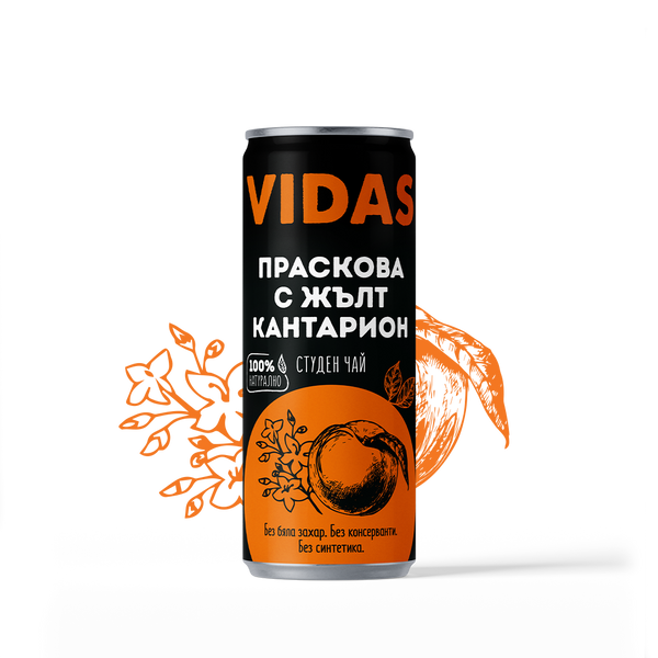 Студен чай VIDAS Праскова с жълт кантарион, 250 мл. кен